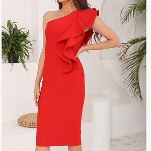 New Bodycon Midi Elegant One Shoulder Ruffle Bandage Wrap Dress Formal M 6 Red
